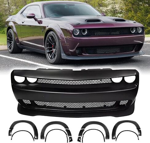 Modified Front Bumper Body Kit Fit For 2015-2023 Dodge Challenger Hellcat Style Full Front Bumper Cover & Grille & Lip & Fog Light Covers Kit Replacement in Kuwait