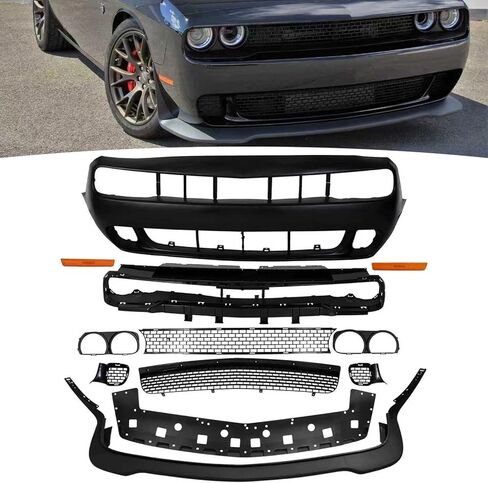 Modified Front Bumper Body Kit Fit For 2015-2023 Dodge Challenger Hellcat Style Full Front Bumper Cover & Grille & Lip & Fog Light Covers Kit Replacement in Kuwait