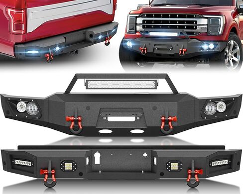 المصد الأمامي والخلفي YZONA متوافق مع 2021-2024 Ford F150 F-150 مع مصابيح LED ولوحة الونش وفتحات المستشعر وقوس لوحة الترخيص والدرع القابل للطلاء والحلقات على شكل حرف D (باستثناء الإضاءة EV وRaptor) in Kuwait