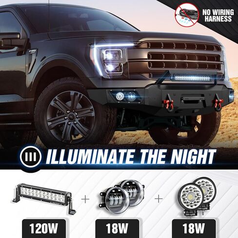 المصد الأمامي والخلفي YZONA متوافق مع 2021-2024 Ford F150 F-150 مع مصابيح LED ولوحة الونش وفتحات المستشعر وقوس لوحة الترخيص والدرع القابل للطلاء والحلقات على شكل حرف D (باستثناء الإضاءة EV وRaptor) in Kuwait