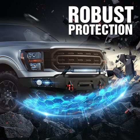 المصد الأمامي والخلفي YZONA متوافق مع 2021-2024 Ford F150 F-150 مع مصابيح LED ولوحة الونش وفتحات المستشعر وقوس لوحة الترخيص والدرع القابل للطلاء والحلقات على شكل حرف D (باستثناء الإضاءة EV وRaptor) in Kuwait