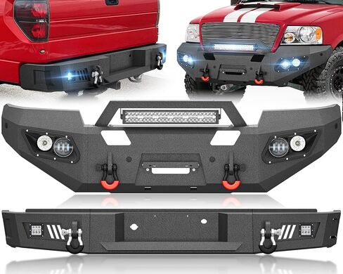 المصد الأمامي والخلفي YZONA متوافق مع 2021-2024 Ford F150 F-150 مع مصابيح LED ولوحة الونش وفتحات المستشعر وقوس لوحة الترخيص والدرع القابل للطلاء والحلقات على شكل حرف D (باستثناء الإضاءة EV وRaptor) in Kuwait