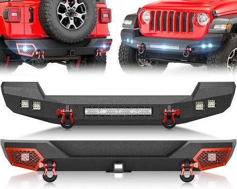 YZONA لمصدات Wrangler JL الأمامية والخلفية متوافقة مع 2018-2026 Jeep Wrangler JL JLU مع لوحة ونش، درع قابل للطلاء، مصابيح LED، فتحات إضاءة الضباب، إطار لوحة الترخيص، مستقبل وصلة الجر وحلقات على شكل حرف D in Kuwait