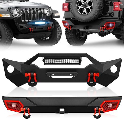 YZONA لمصدات Wrangler JL الأمامية والخلفية متوافقة مع 2018-2026 Jeep Wrangler JL JLU مع لوحة ونش، درع قابل للطلاء، مصابيح LED، فتحات إضاءة الضباب، إطار لوحة الترخيص، مستقبل وصلة الجر وحلقات على شكل حرف D in Kuwait