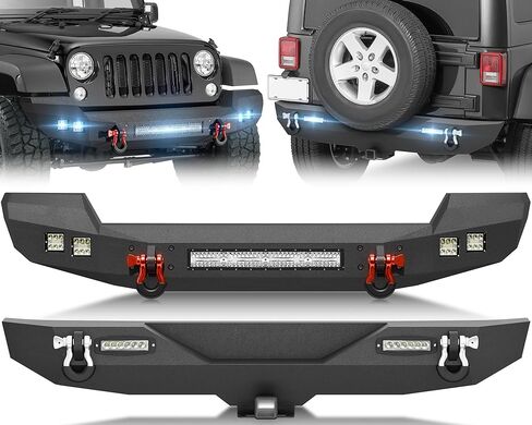 YZONA لمصدات Wrangler JL الأمامية والخلفية متوافقة مع 2018-2026 Jeep Wrangler JL JLU مع لوحة ونش، درع قابل للطلاء، مصابيح LED، فتحات إضاءة الضباب، إطار لوحة الترخيص، مستقبل وصلة الجر وحلقات على شكل حرف D in Kuwait