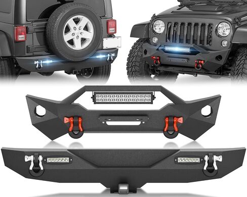 YZONA لمصدات Wrangler JL الأمامية والخلفية متوافقة مع 2018-2026 Jeep Wrangler JL JLU مع لوحة ونش، درع قابل للطلاء، مصابيح LED، فتحات إضاءة الضباب، إطار لوحة الترخيص، مستقبل وصلة الجر وحلقات على شكل حرف D in Kuwait