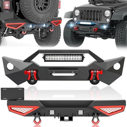 YZONA للمصدات الأمامية والخلفية JL مع حامل الإطارات متوافق مع 2018-2026 Jeep Wrangler JL JLU مع مصابيح LED، لوحة ونش، دعامة لوحة الترخيص، فتحات إضاءة الضباب، مستقبل وصلة الجر، فتحات الاستشعار، حلقات على شكل حرف D in Kuwait