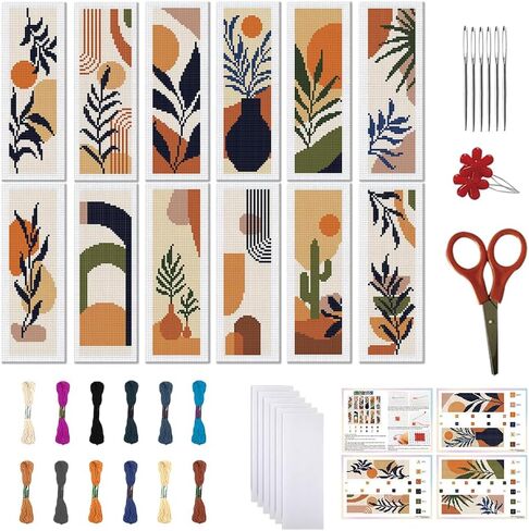 FREEBLOSS 12 Set Cross Stitch Bookmark Kit 11 CT Stamped Cross Stitch Kit DIY Embroidery Bookmark Kits for Adult Beginners with Instructions 6 x 20 cm/8" x 2.4", Bohemia Pattern in Kuwait