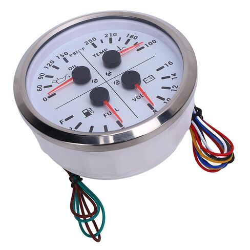 مقياس Vikye 110 مم 4 في 1 متعدد الوظائف، مقياس متعدد الاستخدامات لشاحنة قارب RV، مقياس الجهد الكهربي لمستوى ضغط الزيت ودرجة حرارة الماء، أداة لوحة القيادة سهلة التركيب (قرص أبيض بإطار فضي) in Kuwait