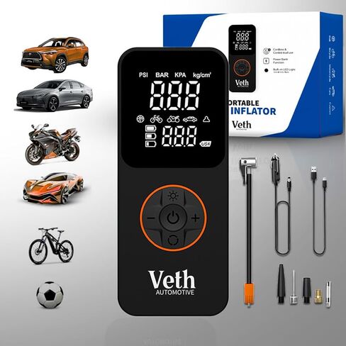 VT-05 Portable Air Compressor, 150 PSI Tire Inflator, Digital Cordless Air Pump with 2500mAhx3 Battery, LED Display, Auto Shut-Off, Fast Inflation for Car, Motorcycle, Bike, Balls in Kuwait