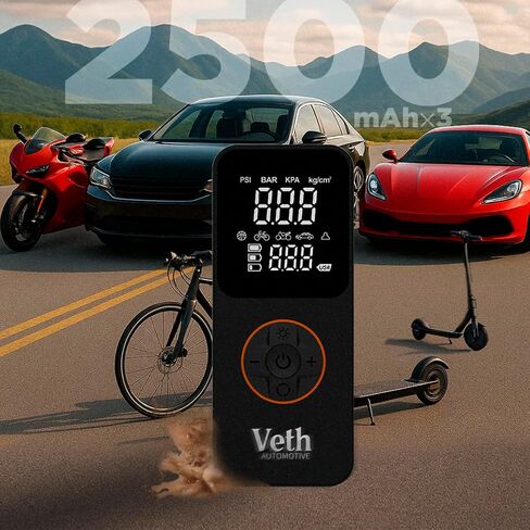 VT-05 Portable Air Compressor, 150 PSI Tire Inflator, Digital Cordless Air Pump with 2500mAhx3 Battery, LED Display, Auto Shut-Off, Fast Inflation for Car, Motorcycle, Bike, Balls in Kuwait