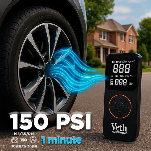 VT-05 Portable Air Compressor, 150 PSI Tire Inflator, Digital Cordless Air Pump with 2500mAhx3 Battery, LED Display, Auto Shut-Off, Fast Inflation for Car, Motorcycle, Bike, Balls in Kuwait