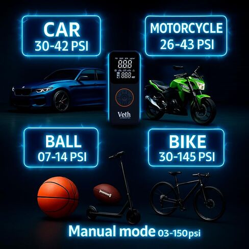 VT-05 Portable Air Compressor, 150 PSI Tire Inflator, Digital Cordless Air Pump with 2500mAhx3 Battery, LED Display, Auto Shut-Off, Fast Inflation for Car, Motorcycle, Bike, Balls in Kuwait