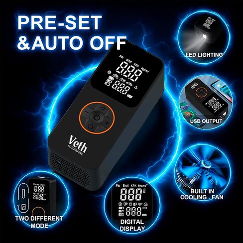 VT-05 Portable Air Compressor, 150 PSI Tire Inflator, Digital Cordless Air Pump with 2500mAhx3 Battery, LED Display, Auto Shut-Off, Fast Inflation for Car, Motorcycle, Bike, Balls in Kuwait