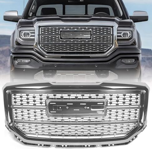 Front Bumper Grille Grill Assembly Compatible with GMC Sierra 1500 Denali Style 2016 2017 2018 Hood Mesh Upper Grill Direct Replacement (Chrome) in Saudi Arabia