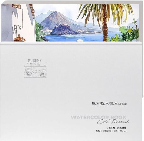 rubens Watercolor Paper Block, 5.3"x7.6" Cold Pressed Watercolor Pad, 20 Sheets of 140lb/300gsm White Watercolor Paper, Premium 100% Cotton Sketchbook Ideal for Watercolor, Gouache, Acrylic in Saudi Arabia