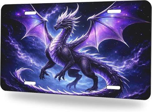 Dragon Front License Plate Purple Galaxy Fantasy Art Car Decorative License Plates Aluminum Metal Decor Accessory Novelty Vanity Tag Cover with 4 Holes for Men Women 6" X 12" in Kuwait