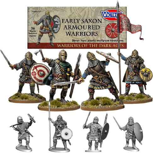 Wargames Delivered - Victrix Early Saxon Armoured Warriors with Bonus Miniature STL Download - 36 Detailed 28mm Miniatures, Dark Age Infantry with Swords, Spears, Javelins for Historical Wargames in Kuwait