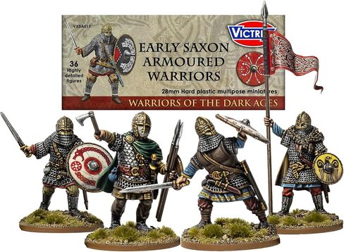 Wargames Delivered - Victrix Early Saxon Armoured Warriors with Bonus Miniature STL Download - 36 Detailed 28mm Miniatures, Dark Age Infantry with Swords, Spears, Javelins for Historical Wargames in Kuwait