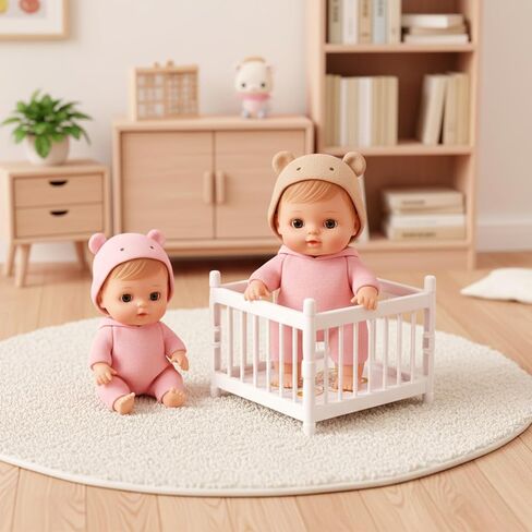 2PCS Mini Dollhouse Accessories, ABS Miniature Doll Bed, Including Rocking Beds and Playpen Beds, Mini Doll Furniture, for 3 Inch Dolls (Assembly Required, White) in Kuwait