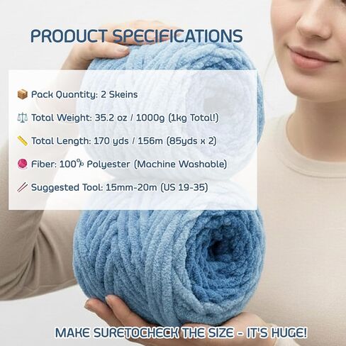 Chunky Gradient Yarn for Beginners - 2 Pack Giant Ombre Hand Knitting Yarn, Soft Crocheting Yarn (Total 1kg/35.2oz 170yds) (Deep Sea) in Saudi Arabia