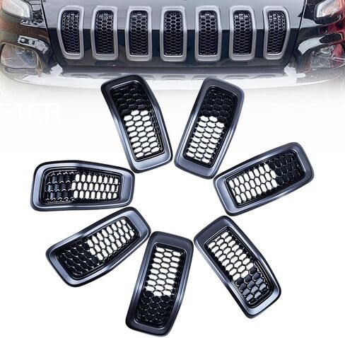 7X Matte Black Honeycomb Grille Grill Inserts with Retro Gray/Grey Trim with for 2014-2018 Jeep Cherokee 68303626AA, 68303626AB, 68303626AC in Saudi Arabia