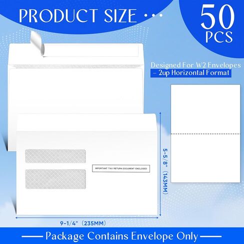 Sayglossy 50 قطعة مغلفات W2 2025 نافذة مزدوجة مغلفات أمان الضرائب ذاتية الغلق، 9-1/4 بوصة × 5-5/8 بوصة in Kuwait