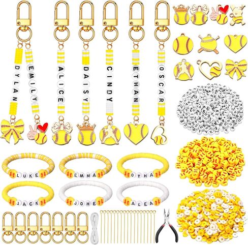 Hinly 3718 Pcs 24 Sets Softball Beads for Keychain Bracelets Making Kit Softball Charms Sports Party Favors DIY Bulk Key Chain Craft Adjustable Letter Bead String Alphabet Sport Charm Jewelry Making in Kuwait