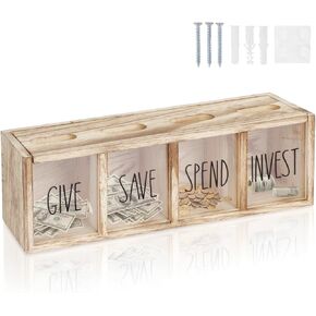 Wooden Piggy Bank for Kids, Spend Save Give and Invest Money Saving Box Visualized Coin and Cash Savings Box for Childrens Boys Girls Adults(Countertop & Wall-Mount, Light Brown) in Saudi Arabia