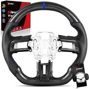 Hydro-Dip Carbon Fiber Steering Wheel for Mustang 2018-2023, D-Shape, Blue Stitching&Stripe, Perforated Leather, with Trim Piece, for GT/EcoBoost/Bullitt/Mach 1/for Shelby GT350/GT350R in Saudi Arabia