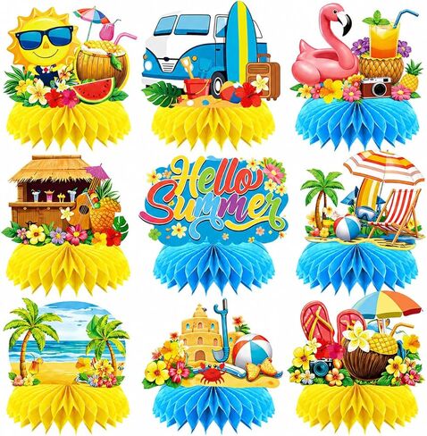 Hello Summer Honeycomb Centerpieces, 9 Pcs Beach Pool Party Table Decorations, Tropical Luau Summer Party Supplies for Dessert Table in Kuwait