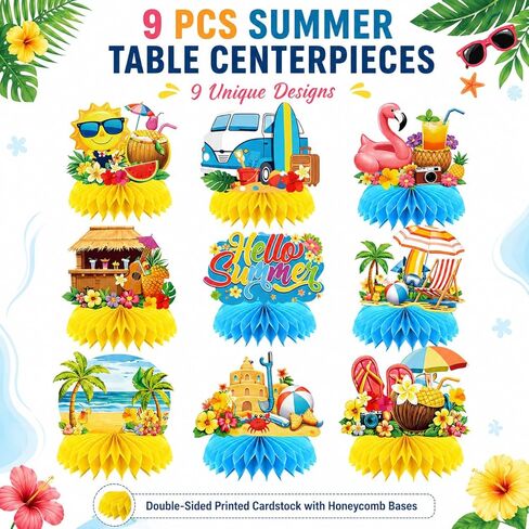 Hello Summer Honeycomb Centerpieces, 9 Pcs Beach Pool Party Table Decorations, Tropical Luau Summer Party Supplies for Dessert Table in Kuwait