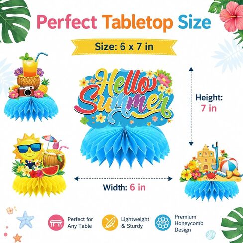 Hello Summer Honeycomb Centerpieces, 9 Pcs Beach Pool Party Table Decorations, Tropical Luau Summer Party Supplies for Dessert Table in Kuwait