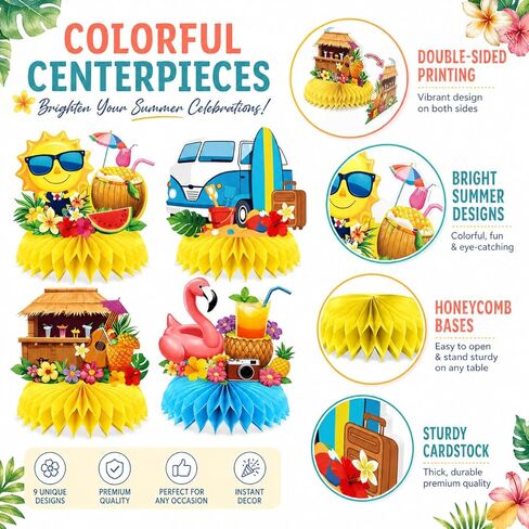 Hello Summer Honeycomb Centerpieces, 9 Pcs Beach Pool Party Table Decorations, Tropical Luau Summer Party Supplies for Dessert Table in Kuwait