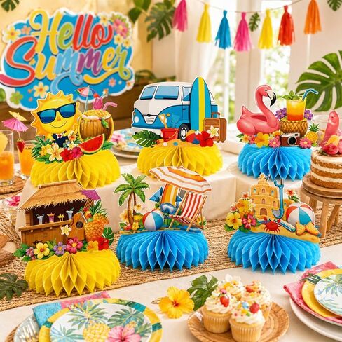 Hello Summer Honeycomb Centerpieces, 9 Pcs Beach Pool Party Table Decorations, Tropical Luau Summer Party Supplies for Dessert Table in Kuwait