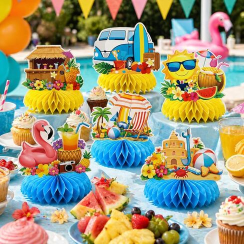 Hello Summer Honeycomb Centerpieces, 9 Pcs Beach Pool Party Table Decorations, Tropical Luau Summer Party Supplies for Dessert Table in Kuwait