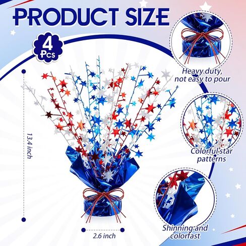 AceOrbit 4 Pcs 4th of July Table Centerpiece Metallic Foil Spray 250th Anniversary Patriotic Red White Blue Star Decorations Burst Table Centerpieces for Independence Day Memorial Day Party Decor in Saudi Arabia