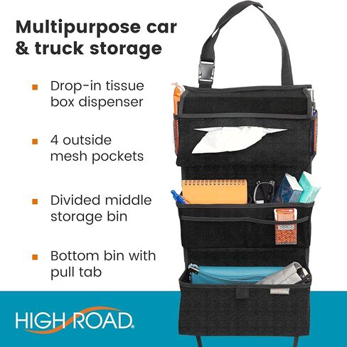 High Road Storage Organizer with Car Tissue Box Holder and Multipurpose Pockets - Back of the Seat or Front Seat Organizer for Driving Essentials - Slim and Compact Car Storage for All Vehicles in Saudi Arabia