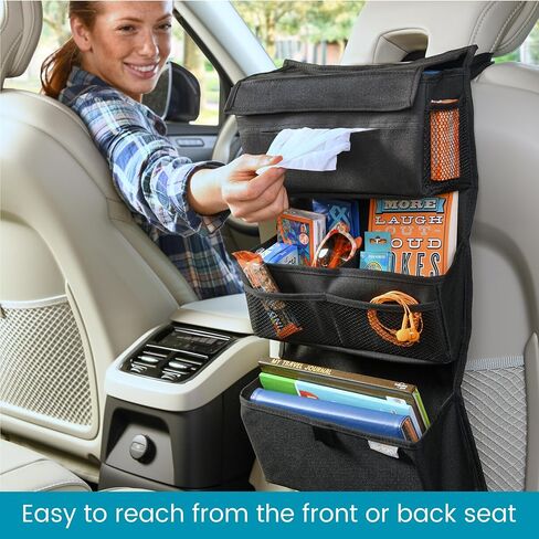 High Road Storage Organizer with Car Tissue Box Holder and Multipurpose Pockets - Back of the Seat or Front Seat Organizer for Driving Essentials - Slim and Compact Car Storage for All Vehicles in Saudi Arabia
