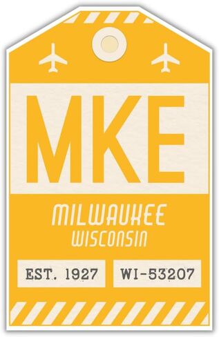 ملصق علامة الأمتعة MKE Milwaukee Wisconsin/ملصق الأمتعة برمز المطار/ديكور سفر قابل للتجميع/تصميم مستوحى من الطراز القديم (أصفر) in Kuwait