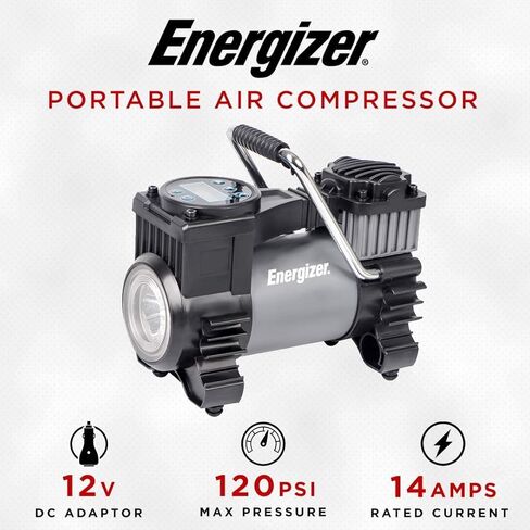 Energizer Portable Air Compressor, 12V DC Air Pump for Car Tires with Digital Tire Pressure Gauge, 120 Max PSI, Preset Pressure Feature, LED, and Digital Display in Kuwait