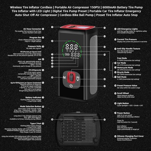 Wireless Tire Inflator Portable Air Compressor, 150PSI, 6000mAh Battery Powered, Cordless Digital Pump with LED Emergency Light and LED Pressure Gauge Display for Cars Bikes Balls, Auto Shut-Off in Saudi Arabia