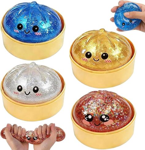 2026 Shimmering Dumpling Squishies, 4 Pack Stress Balls, Colorful Sensory Squeeze Toys, Stretchy Dough Balls with Steamer Design for Anxiety Relief & Desk Fidget in Saudi Arabia