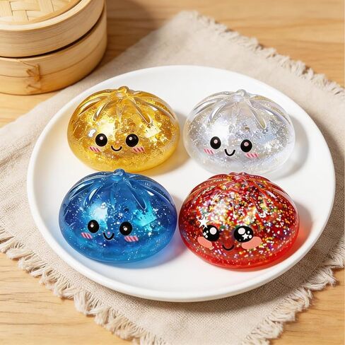2026 Shimmering Dumpling Squishies, 4 Pack Stress Balls, Colorful Sensory Squeeze Toys, Stretchy Dough Balls with Steamer Design for Anxiety Relief & Desk Fidget in Saudi Arabia