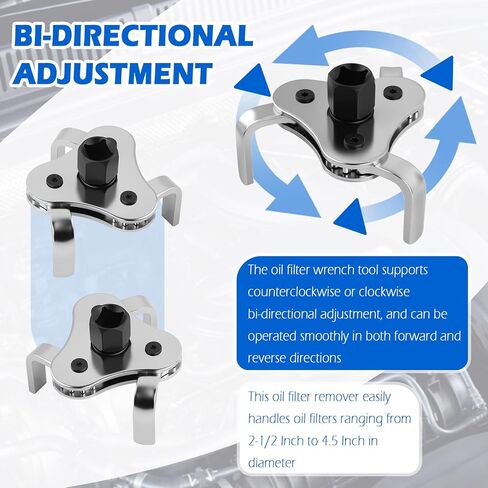 Bi-Adjustable Oil Filter Wrenches,3 Jaw Oil Filter Removal Tool for 2-1/2 to 4.5 Inch Diameter Filters,High Hardness Oils Filters Tool for Use with 1/2 & 3/8 Inch Wrenches in Kuwait