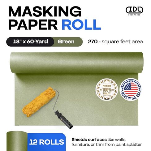 IDL PACKAGING Premium 18" x 60-Yard Green Masking Paper Roll (Case of 12) - Masking Paper with Oil and Water Resistance - Kraft Material to Protect Surfaces - Perfect for Automotive Painting in Kuwait