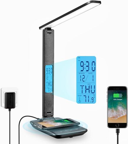 LAOPAO Desk Lamp with Wireless Charger: USB Charging Port, Table Lamp with Clock, Desk Lamps for Home Office College Dorm Room Essentials in Saudi Arabia