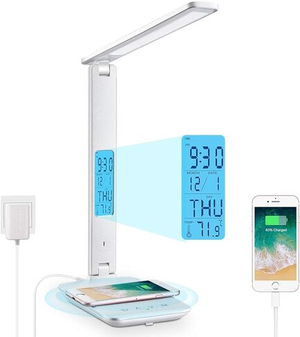 LAOPAO Desk Lamp with Wireless Charger: USB Charging Port, Table Lamp with Clock, Desk Lamps for Home Office College Dorm Room Essentials in Saudi Arabia