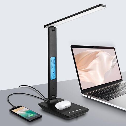 LAOPAO Desk Lamp with Wireless Charger: USB Charging Port, Table Lamp with Clock, Desk Lamps for Home Office College Dorm Room Essentials in Saudi Arabia