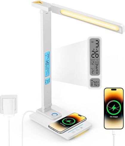 LAOPAO Desk Lamp with Wireless Charger: USB Charging Port, Table Lamp with Clock, Desk Lamps for Home Office College Dorm Room Essentials in Saudi Arabia